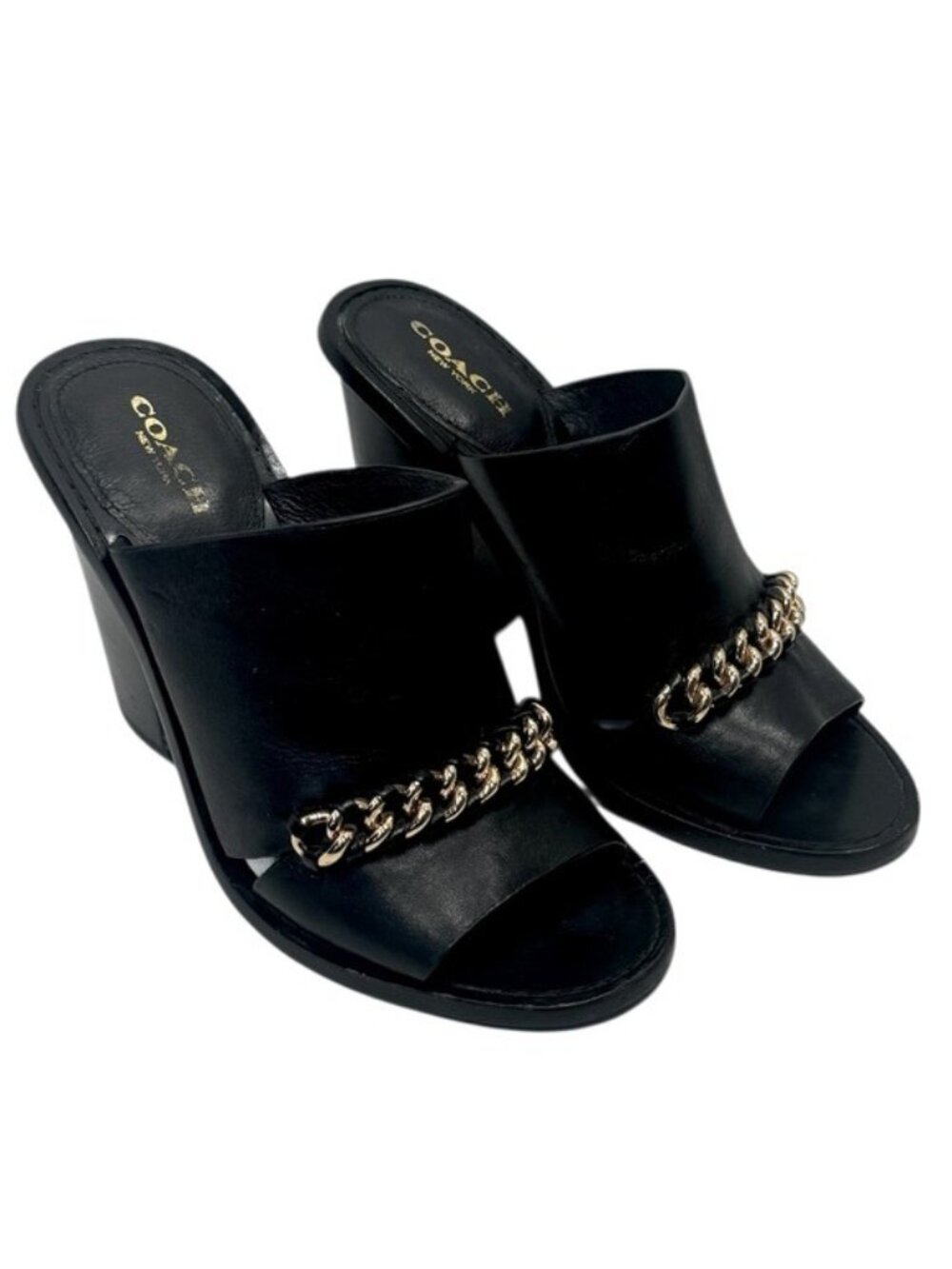 COACH Kylie Semi Matte Calf Gold Chain Leather Stacked Heel Mules Black Size 6.5